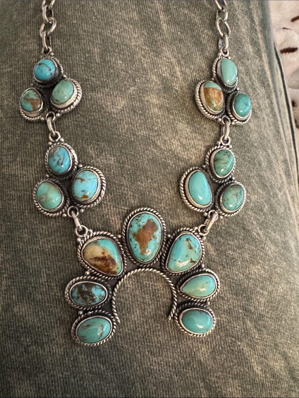 Mine #8 Turquoise Stone Statement Squash Blossom Necklace -925 silver